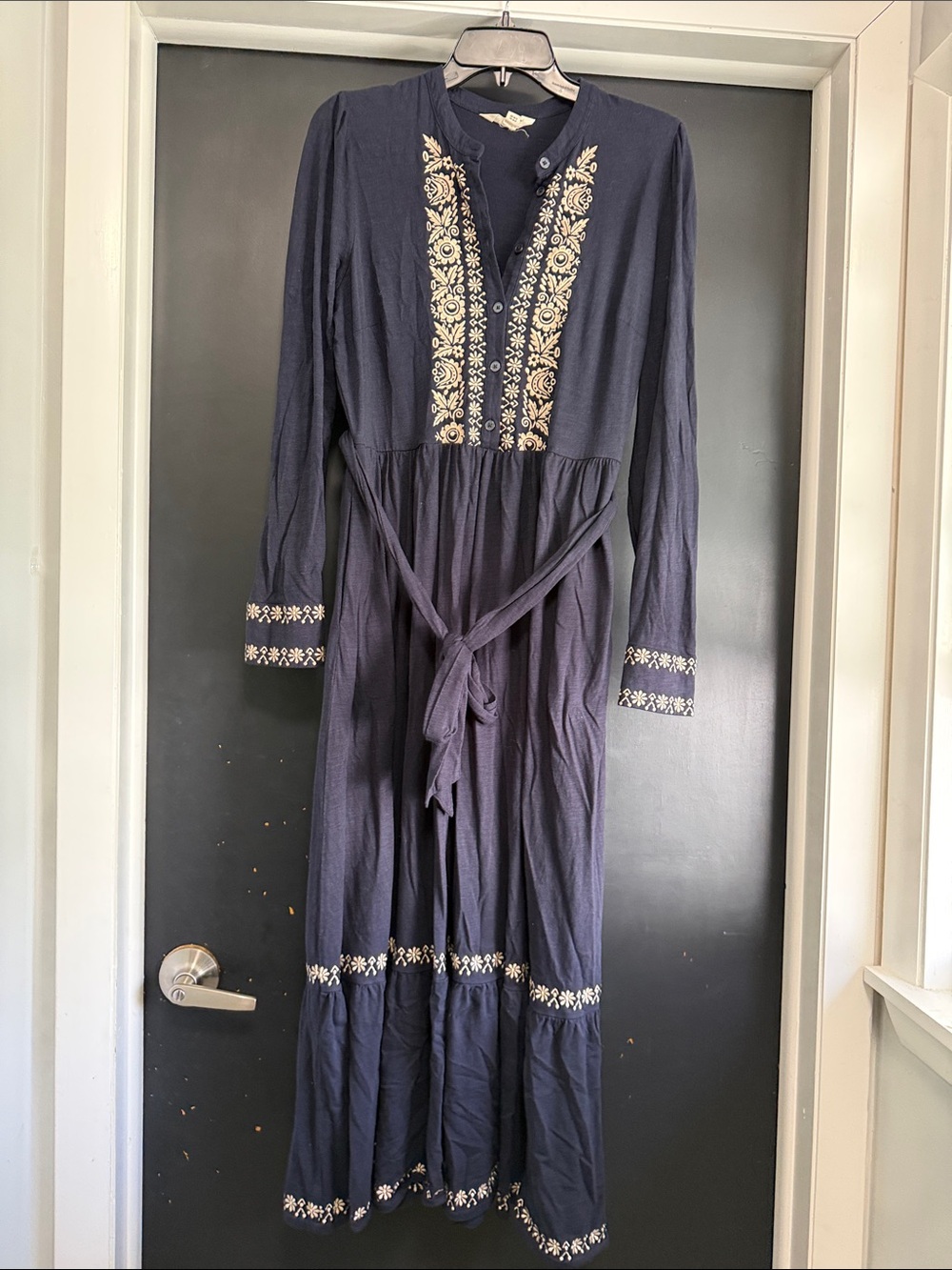 Boden Navy Maxi Dress with Cream Floral Embroidery